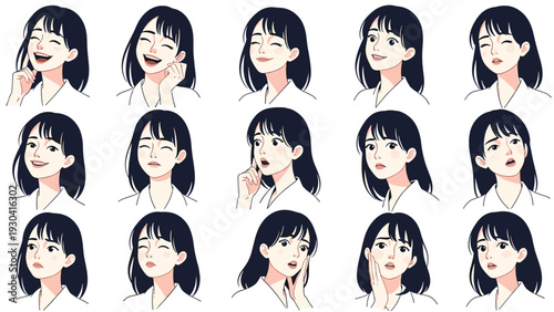 Beautiful young woman demonstrates various facial expressions and emotions in this comprehensive character sheet.