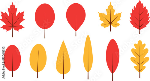 Abstract distorted autumn leaves vector set in red yellow and orange flat design