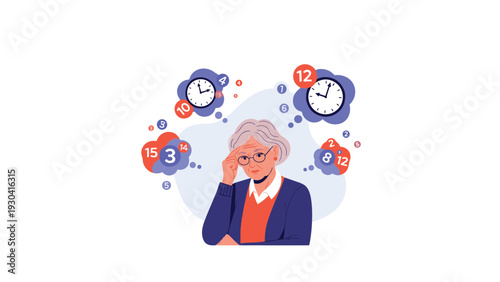 Elderly woman looking confused tries to remember things while surrounded by icons of clocks and numbers for memory loss.