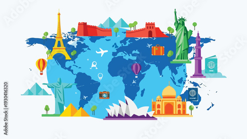 A colorful world map illustration, surrounded by travel icons