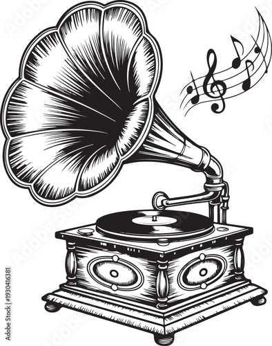 Vintage gramophone with musical notes in a classic black and white illustration