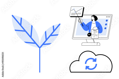 Technology concept. Technology blends ed by online learning, cloud synchronization, and sustainable growth leaf. Technology for education, environment, data storage, productivity, innovation
