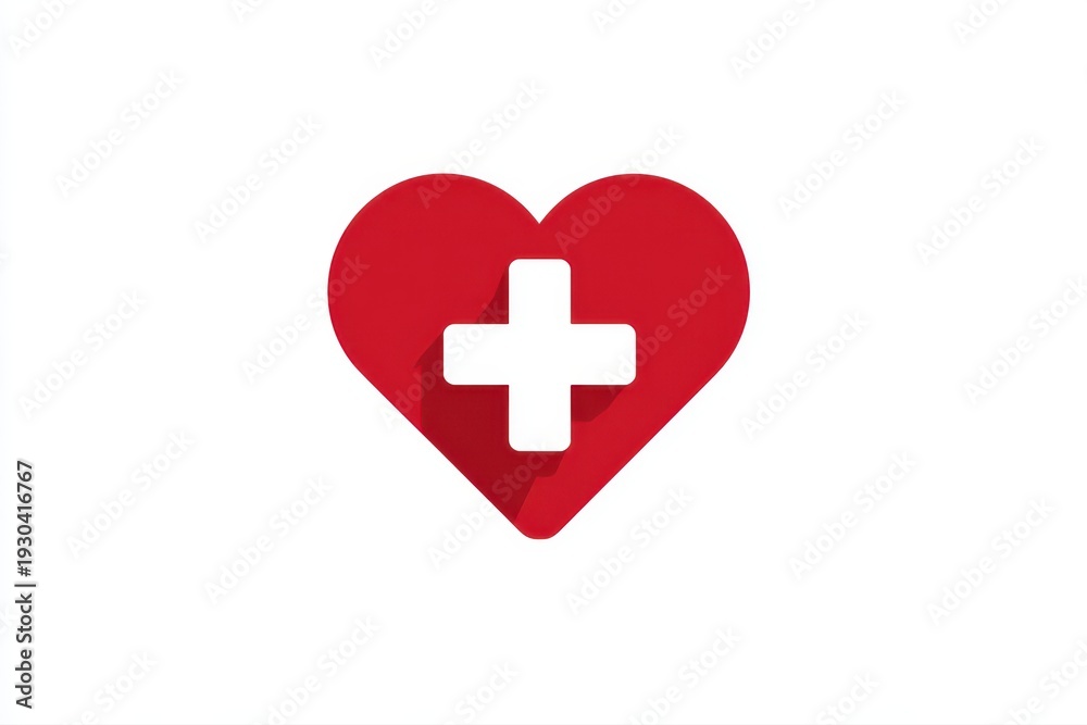Obraz premium A vibrant red heart icon with a prominent white medical cross symbolizing health, care, and emergency services on a clean white background.
