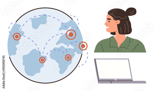 Remote work, global communication, digital connection, virtual collaboration, global trade, online learning. Woman gazing at world map with laptop. Remote work and global communication