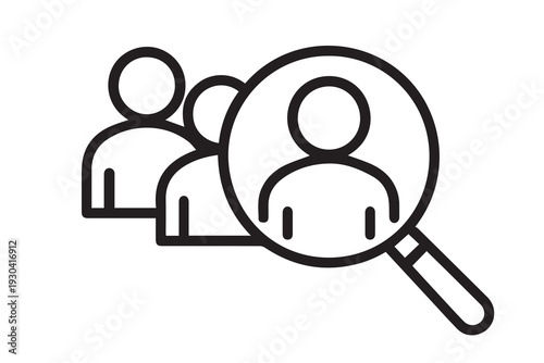 A clean vector concept of a magnifying glass pointing at a contact person icon, symbolizing recruitment and job search.