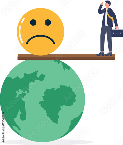 Businessman Balancing Sad Face Emoji on Top of Earth Globe