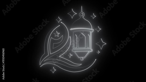 Neon Crescent Moon and Mosque Glow Animation on Dark Background for Islamic Greetings.