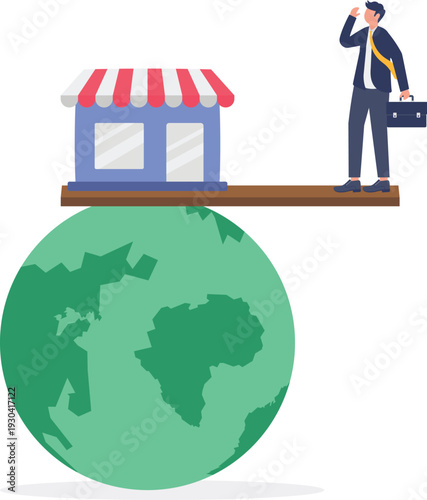 Businessman Balancing Small Store Building on Top of Earth Globe