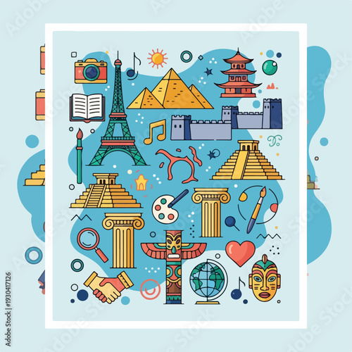 A colorful compilation of various cultural elements and landmarks