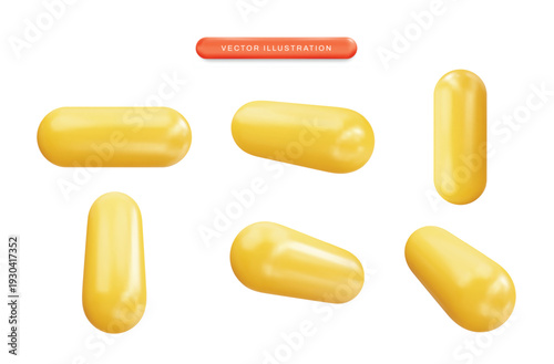 Yellow capsule pills in different orientations medicine