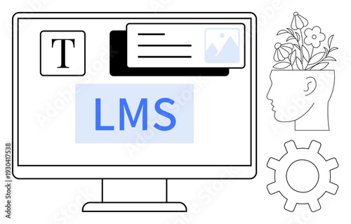 Monitor displaying LMS interface, text, image, ideas, and growth symbolized by head with plants. Ideal for education, training, e-learning, innovation knowledge creativity digital resources