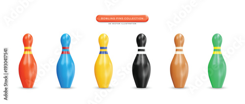 Six colorful bowling pins arranged in a row sport game