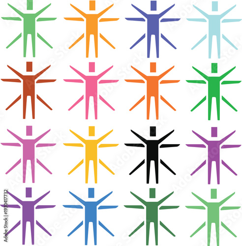 Colorful geometric human figures arranged in a repeating pattern on a white background creating a modern abstract design