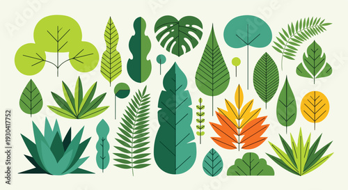 Stylized assortment of green and yellow leaves, arranged on off-white background