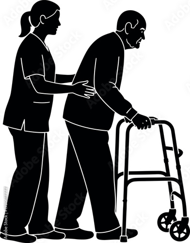 Silhouette of Female Nurse Assisting Senior Man with Walker; Geriatric Care and Physical Therapy Vector Illustration.