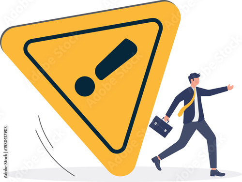 Businessman Running Toward Giant Warning Sign Triangle