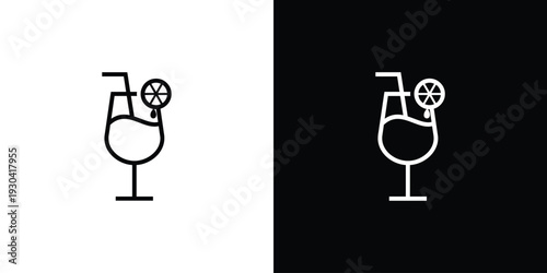 Cocktail glass with lemon slice and straw black and white outline.