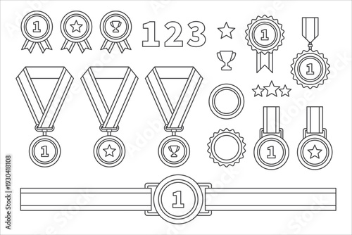 Collection of outline medals trophies and numbers trophy