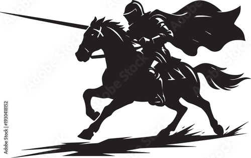A brave knight in armor rides a powerful horse while charging forward with a long sword, depicted in a dynamic black silhouette against a white background, evoking a sense of courage and adventure.