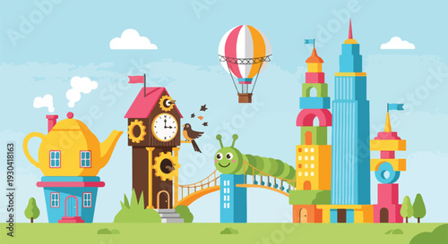 Whimsical townscape with various buildings and a hot air balloon against a blue sky