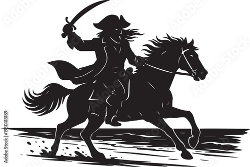 A dramatic black silhouette of a pirate riding a horse while holding a sword aloft, set against a stark white background, evoking a sense of action and adventure.