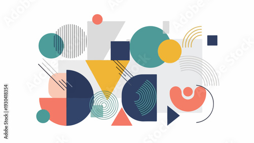 A colorful geometric abstract design of various shapes and lines