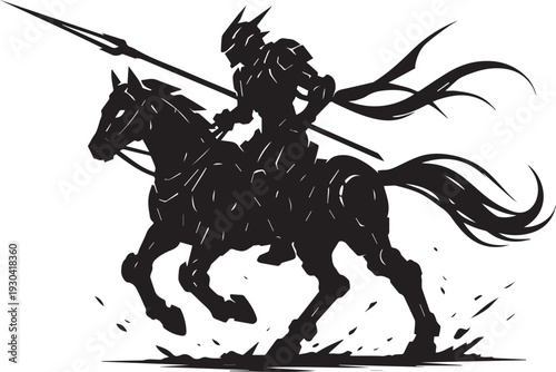 A dramatic black silhouette of a knight in armor riding a horse while holding a spear, conveying a sense of action and bravery, ideal for use in historical or fantasy contexts.