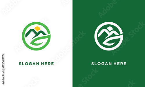 Green Mountain Logo Design with Letter G and Circle Shape for Branding.