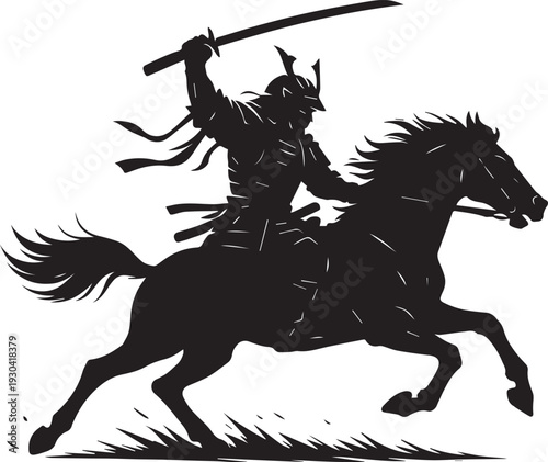 A dramatic silhouette of a samurai on horseback, sword raised high, depicted in a dynamic pose, conveying a sense of action and bravery, ideal for use in design projects requiring a bold, heroic theme