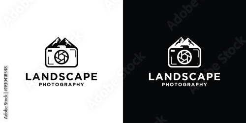 Landscape Photography Logo Design Camera and Mountain Symbol.