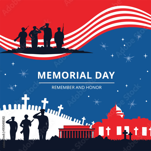 Patriotic illustration with soldiers, flags, crosses, and monuments