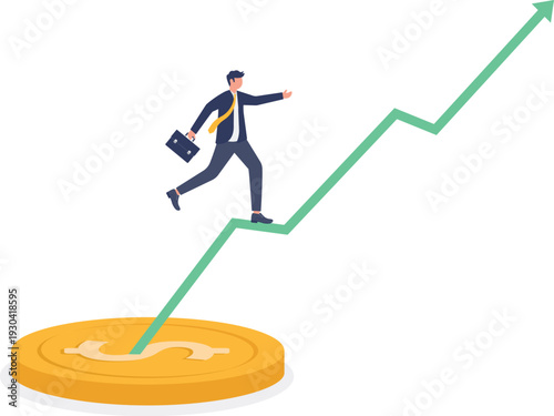Businessman Running Up Green Stairs Growing from Gold Coin