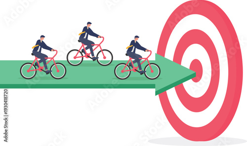 Three Businessmen Riding Bicycles on Large Green Arrow Toward Target