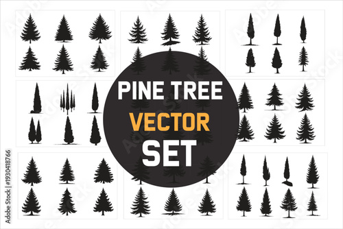 Pine tree set silhouette collection fir tree cypress tree