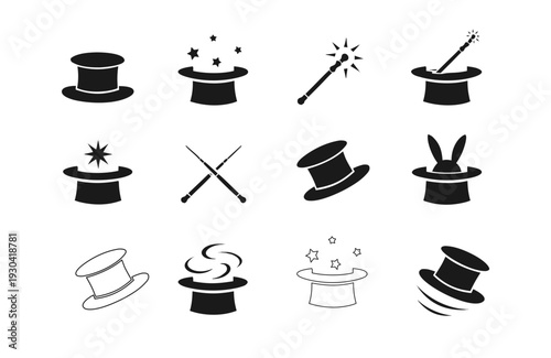 Tilted Magician Hat icon set of silhouette vector illustration isolated on white background