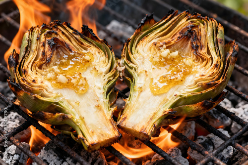 Grilled Artichoke Delight: A culinary close-up captures the allure of grilling, as two artichoke halves sizzle on the grates, their tender hearts glistening amid the fiery embrace of flames.