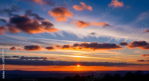 A serene landscape of a sunset with vibrant clouds in the sky