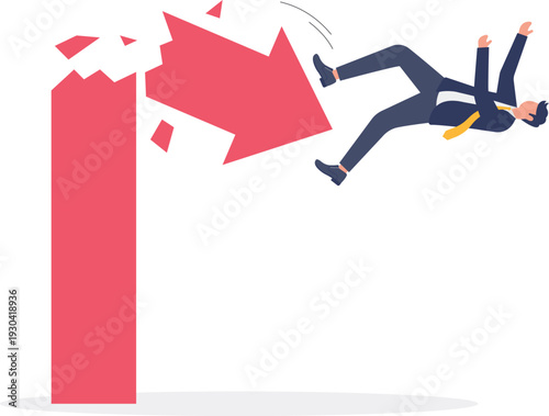 Businessman Falling Down from Broken Red Downward Arrow