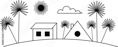 Luxury tropical resort building silhouette with palm trees and seagulls isolated on white background, summer vacation travel destination, elegant beachfront hotel architecture for holiday 