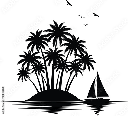 Tropical Island Village Set Featuring Traditional Thatched Roof Huts with Wooden Fences and Palm Trees in Colorful Cartoon Style and Black Line Art on White Background