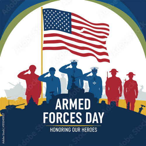 Patriotic image, armed service personnel salute with an American flag