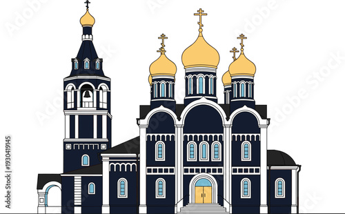 Russian Orthodox church illustration featuring golden onion domes, ornate architecture, arched windows, and bell tower in blue, white, and gold colors for cultural heritage and design projects.