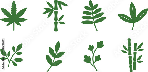 Minimalist green plant icon collection, simple botanical leaves and bamboo symbols, flat vector set isolated on white background