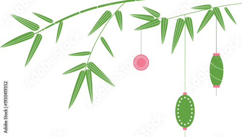Minimalist bamboo branch with hanging ornaments illustration, modern festive botanical design, Asian inspired green decor isolated on white background