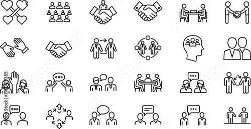 Communication and Teamwork Line Icon Set with Handshake Conversation Collaboration Partnership and Social Interaction Symbols Vector Outline Collection