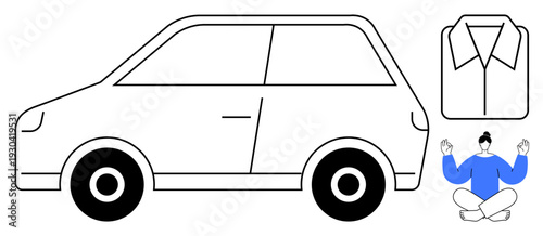Transportation, mindfulness, lifestyle choices, eco-living, wellness, meditation. A car outline with a clothing symbol and a person meditating in a cross-legged pose. Transportation and mindfulness