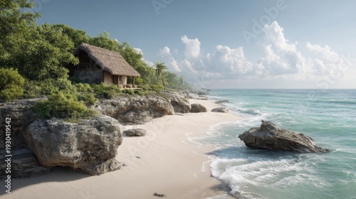 Serene Beach Landscape with Coastal Hut, Clear Blue Waters, Gentle Waves, Rocky Shoreline, Lush Greenery, and Dreamy Cloudy Sky