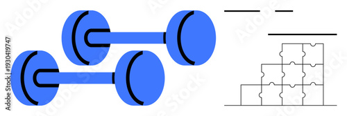 Fitness concept. Blue dumbbells strength and physical health, while puzzle pieces highlight teamwork and strategy. Fitness inspires commitment, preparation, balance, and collaboration