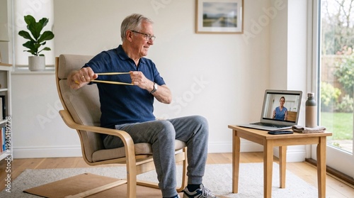 Senior man actively participating in an online fitness class at home, utilizing a resistance band for a healthy workout session