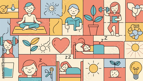 A colorful, grid-style illustration depicting various healthy habits